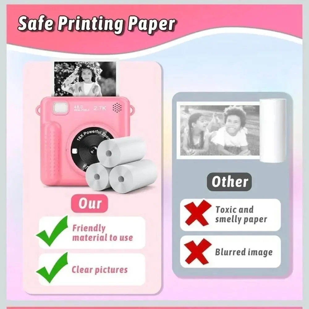 Kids Pink Camera Instant Print, Christmas Birthday Gifts for Girls Boys Age 3-12